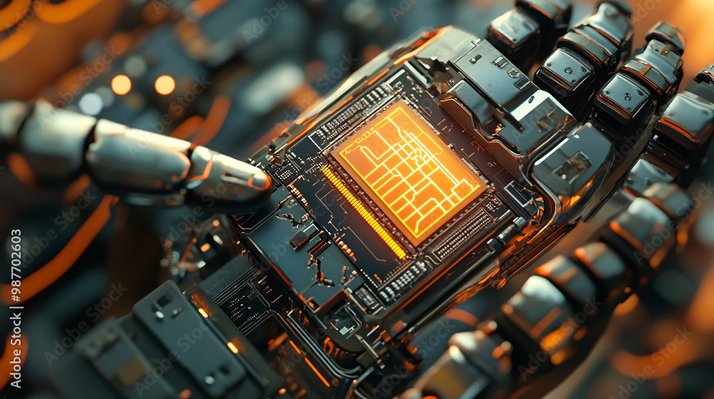 Poster a microchip in a robot companion's core. radiating warmth and loyalty.
