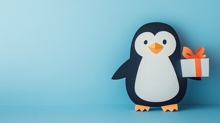 Cute penguin with gift paper cut on blue background great for winter-themed children’s books or holiday marketing visuals