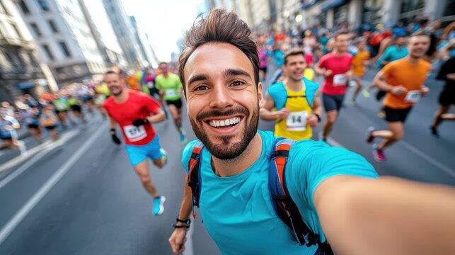 Happy Runner Taking Selfie During Marathon Race