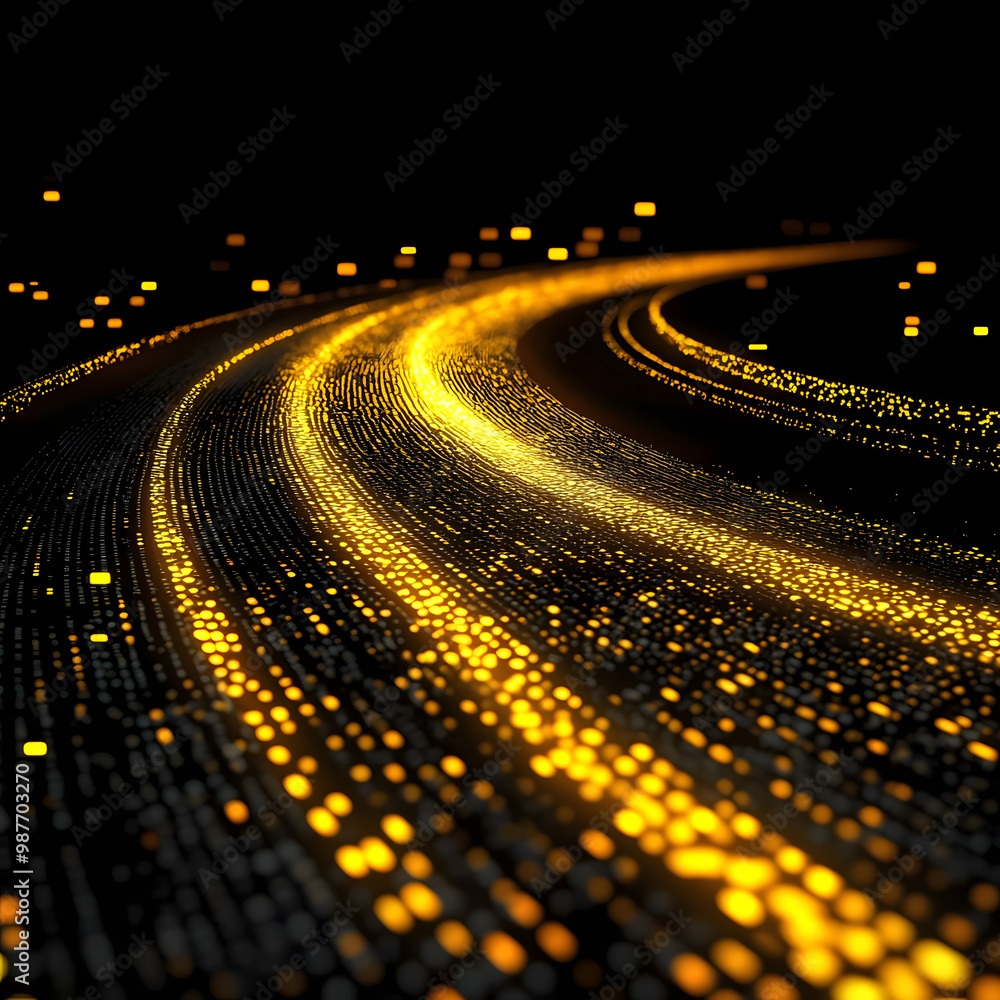 Aufkleber digital road illuminated by yellow matrix of binary code. digital winding road isolated on black bac