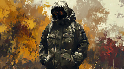 Fototapeta premium A lone figure in a gas mask and camouflage jacket stands against a backdrop of painted brushstrokes.