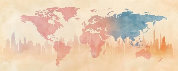 Obraz premium Minimalist watercolor painting of world map merging with a city skyline in pastel hues