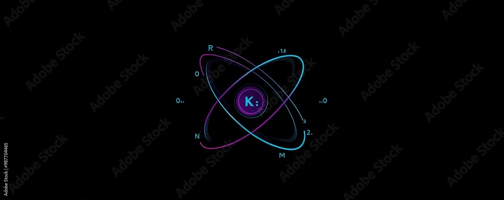 Poster minimalistic modern logo featuring abstract elements and atomic design on a dark background, symboli