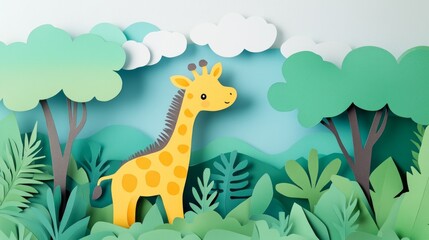 Fototapeta premium Giraffe in forest paper cut great for nature-themed children’s book illustrations or wildlife conservation visuals