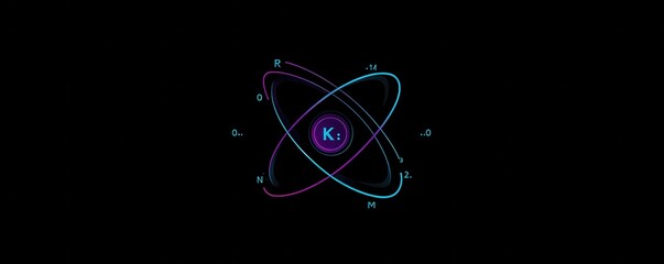 Minimalistic modern logo featuring abstract elements and atomic design on a dark background, symbolizing innovation and futuristic concepts