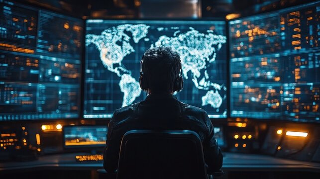 High-tech command centers monitor global operations on screens, Command center with multiple screens displaying ERP dashboards.