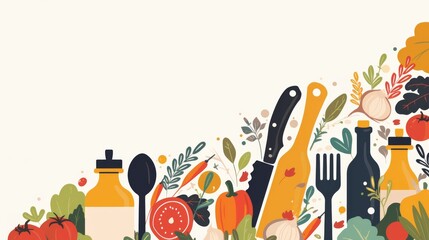 Vector logo illustration of cooking utensils and vegetables on a white background,  essential kitchen tools and fresh produce, perfect for culinary brands.