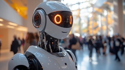 Fototapeta premium A White Robot with Orange Glowing Eyes in a Crowded Lobby