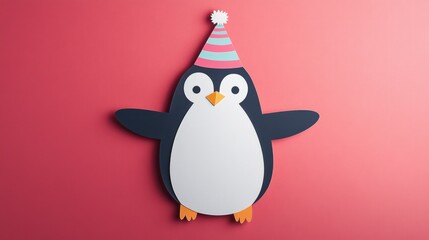 Obraz premium Penguin with party hat paper cut on red background great for holiday-themed children’s book illustrations or festive visuals