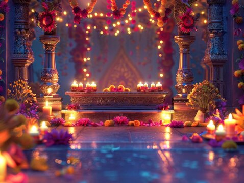 banner background of Navratri Day  [A serene temple setting with a beautifully lit backdrop of candles, flowers, and sacred offerings, symbolizing the spiritual significance of Navratri] 