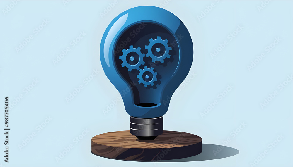 Poster abstract blue light bulb and cog wheels. creative thinking or business innovation concept. digital g
