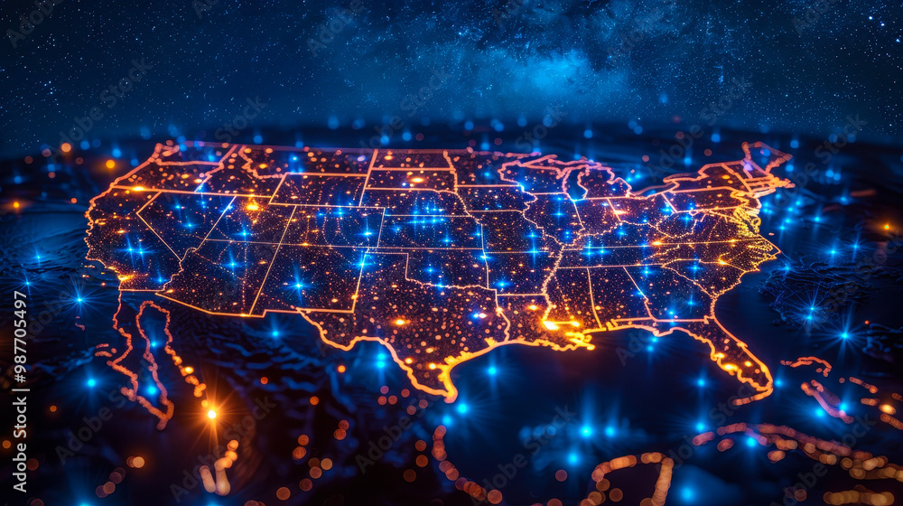 Aufkleber usa communication network map at night with glowing connection points and milky way background, high