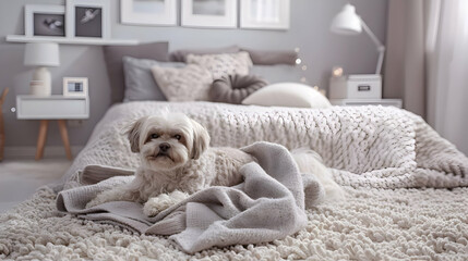 Cute Fluffy Dog Resting on a Bed