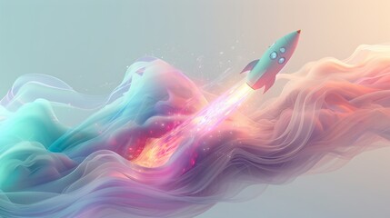 Obraz premium A digital abstract rocket and AI chip depicted in soft, pastel colors like light blue, mint green, and lavender. 