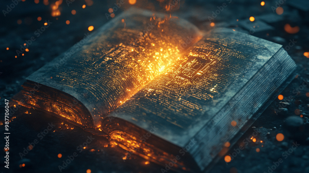 Poster a microchip in an advanced spellbook. glowing as it activates ancient magic.