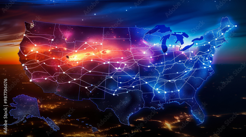 Poster united states communication network at night: digital map connecting cities in glowing lines and nod