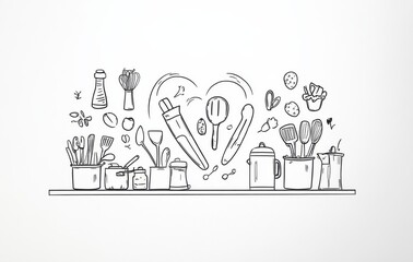One-line drawing style of kitchen utensils and pots