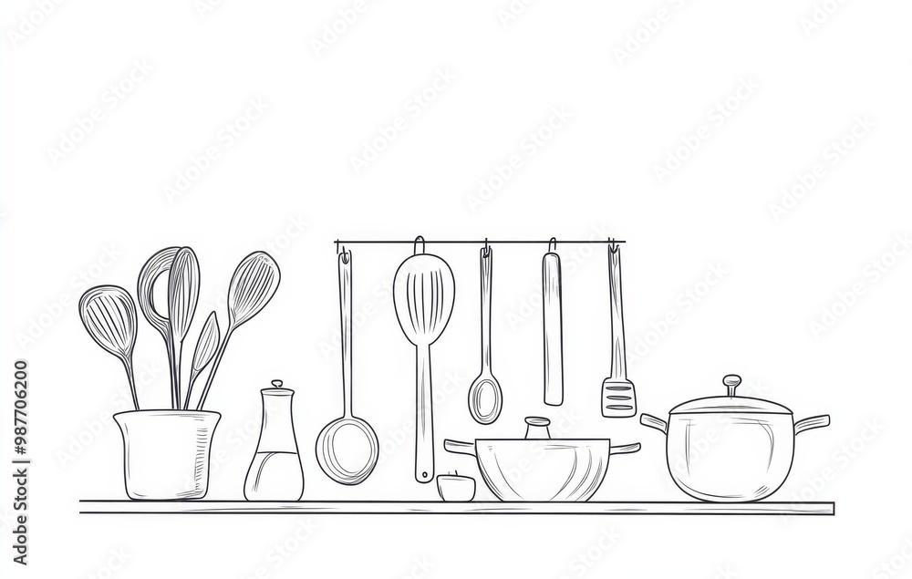 Wall mural one-line drawing style of kitchen utensils and pots