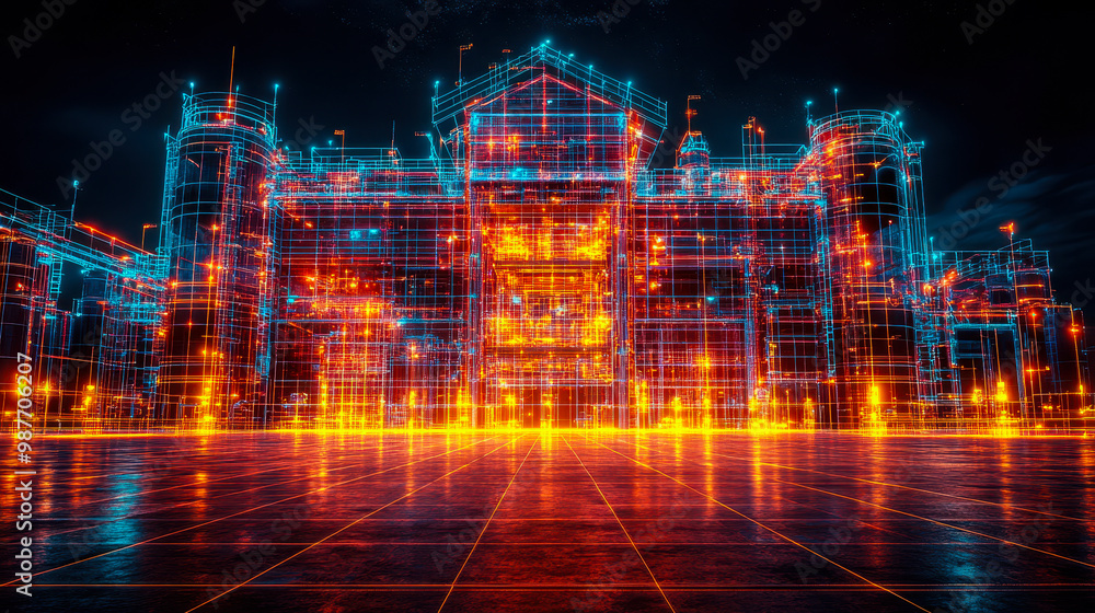 Poster futuristic digital building information modeling (bim) visualization by architects and engineers at 