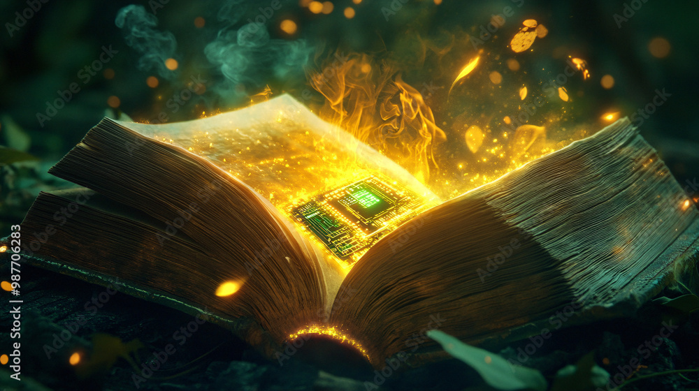 Poster a microchip in an advanced spellbook. glowing as it activates ancient magic.