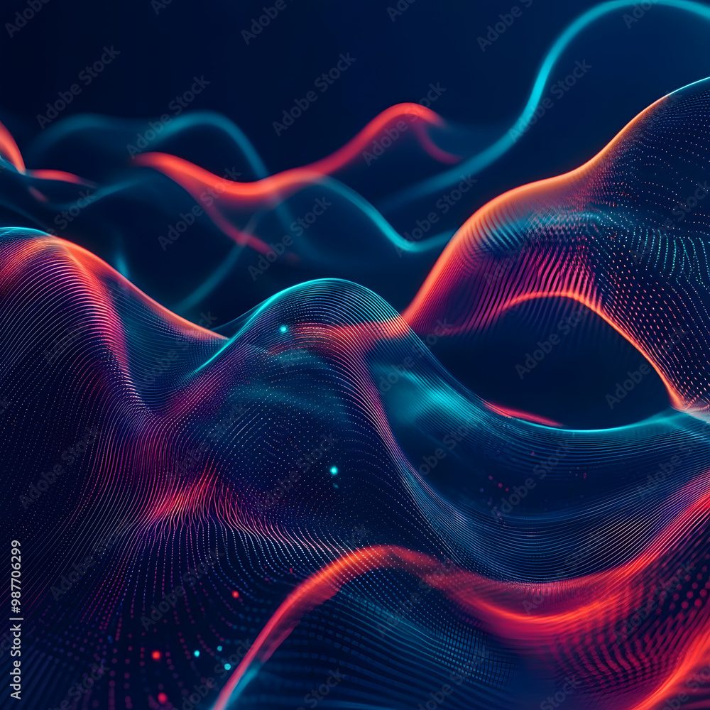 Poster mesmerizing graphic light waves in various colors, forming elegant patterns on a dark backdrop