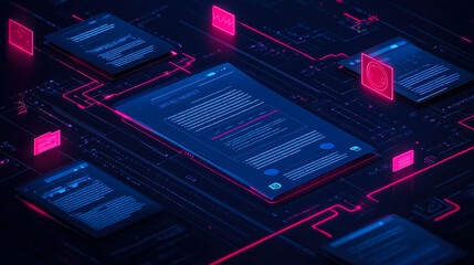 Innovative Document Management Compliance Solutions with AI, Digital Device Display of Regulatory Checks and Retention Policies in Futuristic Business Environment