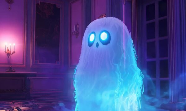 Mystical moonlit ballroom with an enchanting glowing ghost companion
