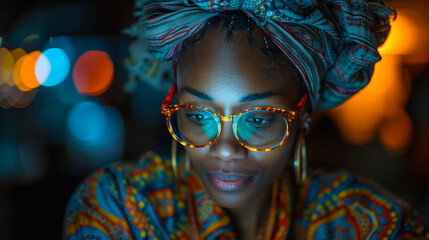 Naklejka premium Young Woman with Vibrant Headwrap and Glasses Using Smartphone at Night, Bokeh Lights, Relaxed Mood, Urban Setting, Technology and Connectivity Concept