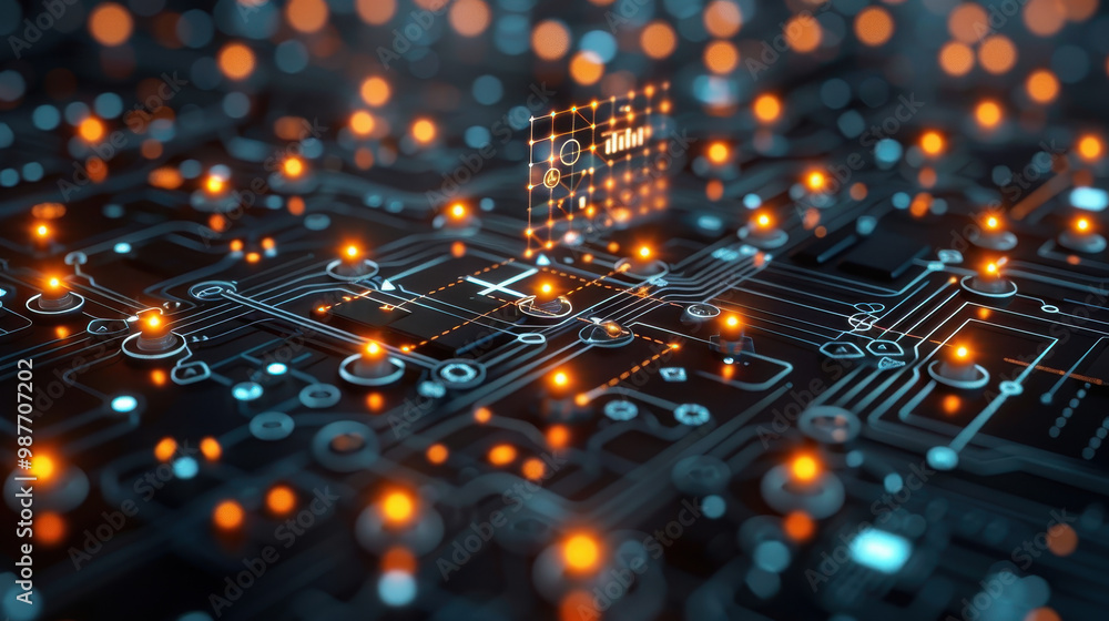 Poster futuristic iot network with glowing circuitry and data points, depicting advanced digital connectivi