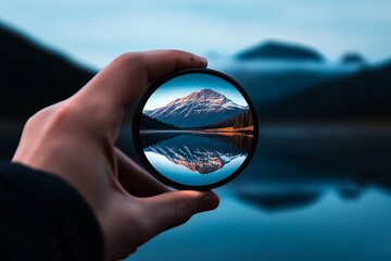 A hand holding a lens focused on a beautiful mountain with its reflection in the water, while the background is blurred. The image inside the lens shows a crisp, clear view of the mountain 