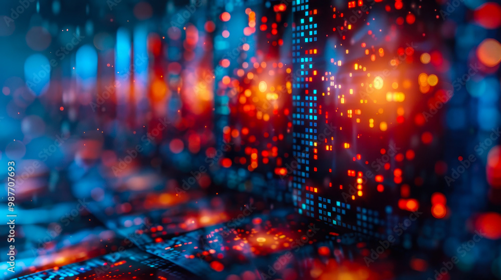 Poster futuristic digital display: blurry red and blue light squares in a data center or technology hub wit