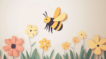 Paper cut bee with flowers on white background playful springtime design ideal for children&rsquo;s books or nature posters