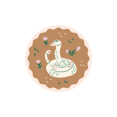 Round stamp with snake. Reptile animal and flowers circular sticker. Vector hand drawn flat emblem