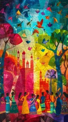 banner background of Navratri Day, a colorful representation of different regional Navratri customs depicted in a vibrant mural, celebrating the diversity and unity of Indian culture