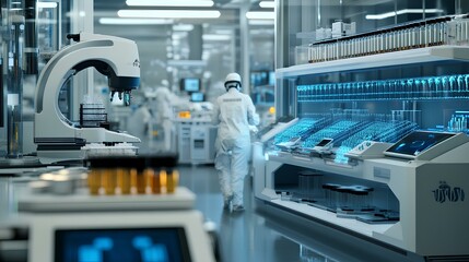 Fototapeta premium A modern laboratory featuring advanced technology, including a microscope and illuminated displays of samples, highlighting scientific research.