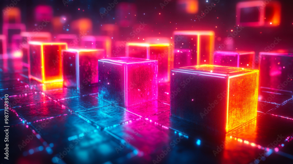 Aufkleber vibrant neon cubes in an abstract 3d cyberpunk setting with dynamic light effects and digital aesthe