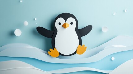 Obraz premium Penguin on ice paper cut on blue background cute winter-themed animal design for children’s books or posters