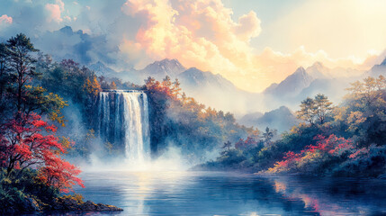 Fototapeta premium Tranquil Waterfall in Autumn Forest at Dawn, Misty Mountain Scene, Watercolor Painting, Serene Nature Landscape