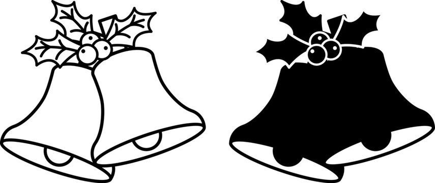 Bells Icons. Black and White Vector Icons. Festive Bells and Holly Plants. Christmas and Holiday Concept