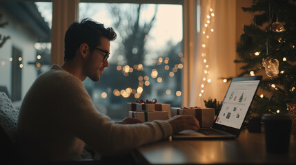 young millennial worker cheerfully packing colorful Christmas gift boxes at a cozy home office, surrounded by festive decorations, twinkling lights, and a laptop displaying holiday