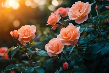 Peach Rose Bush in Bloom with Sunflare