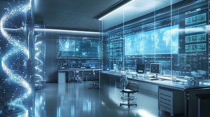 A futuristic laboratory featuring advanced technology, illuminated screens, and a glowing DNA helix design, emphasizing innovation and scientific exploration.