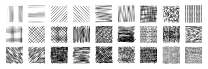 Line crosshatch patterns range from simple to complex, offering a variety of textures and artistic styles. Vector set of monochrome hand drawn abstract backgrounds. Cross hatch pencil doodle shading