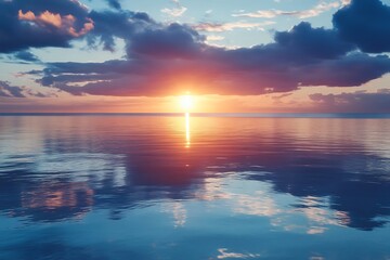 Sunset over calm ocean with dramatic sky clouds,  nature background, tropical vacation