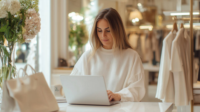 businesswoman and visual merchandising specialist collaborating in a chic clothing store, using a laptop to design a stylish collection, surrounded by elegant garments and accessor - Powered by Adobe