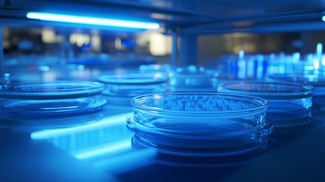 A close-up of petri dishes illuminated by blue light in a laboratory setting, showcasing a sterile environment for scientific research.