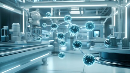 A futuristic lab scene showcasing glowing molecular structures with advanced technology in a sterile environment.