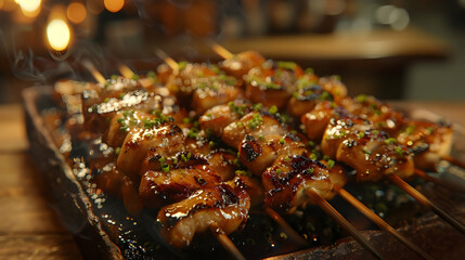 Closeup of Delicious Grilled Chicken Skewers with Teriyaki Glaze