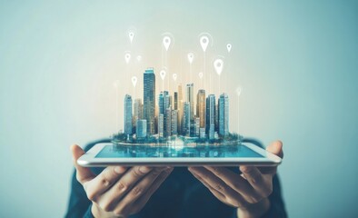 Person holding an iPad with a futuristic cityscape hologram showcasing urban technology and innovation concepts