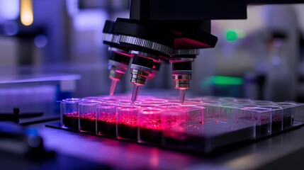 A high-tech microscope dispensing liquid into illuminated test tubes in a laboratory setting, showcasing advanced scientific research.